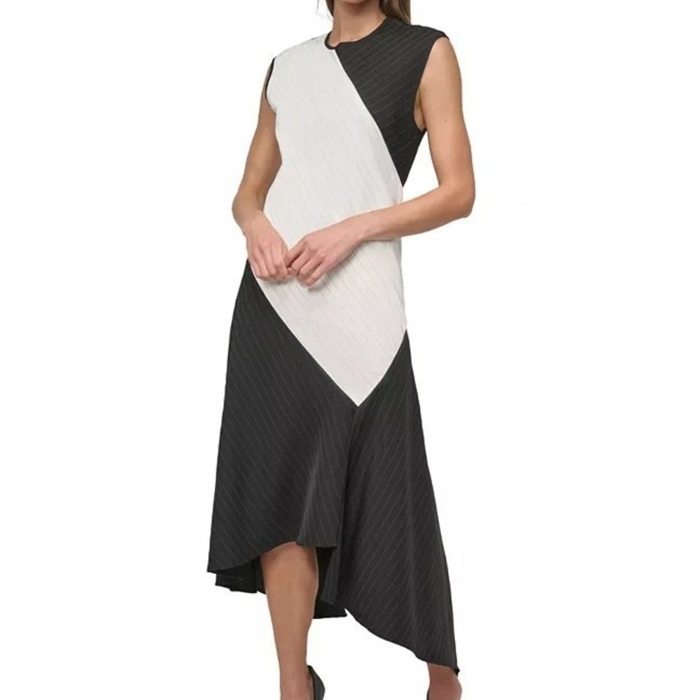 DKNY Pinstripe Jewel Neck Dress Sleeveless Black White Asymmetric Womens Size 10